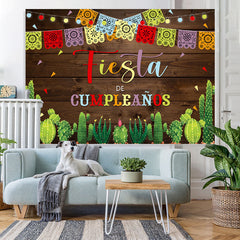 Lofaris Fiesta Lace Pattern Cactus Wooden Birthday Backdrop