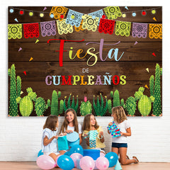 Lofaris Fiesta Lace Pattern Cactus Wooden Birthday Backdrop