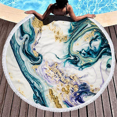 Lofaris Fine Art White Gold Aquamarine Purple Round Beach Towel