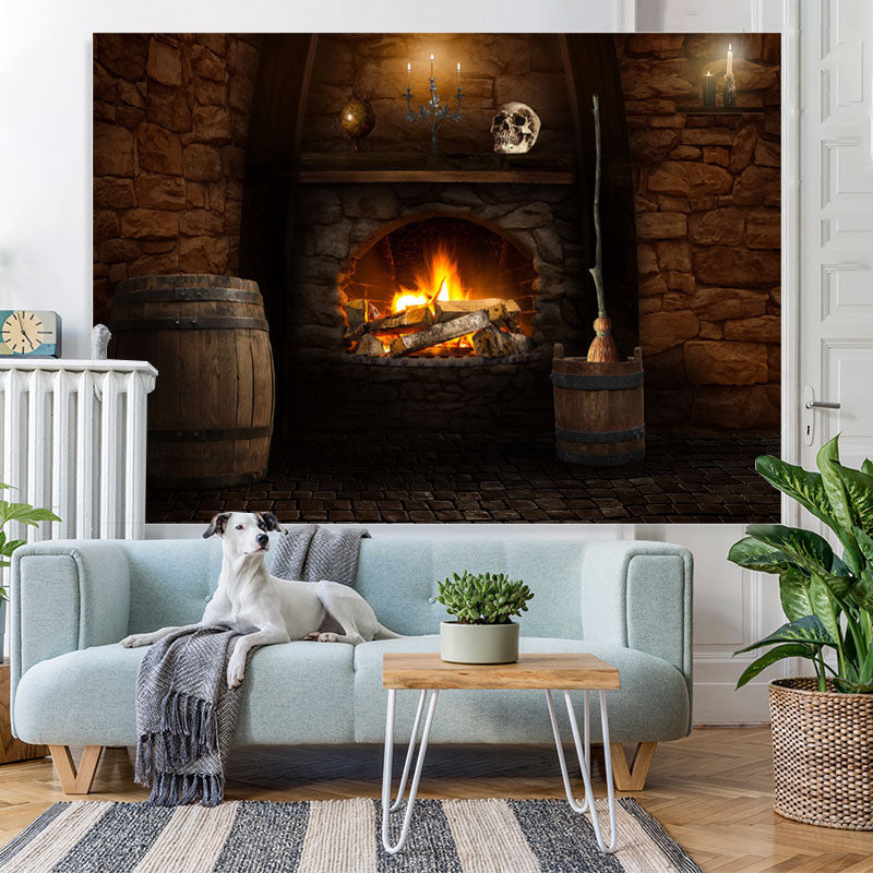 Lofaris Fireplace and the Skull Scary Halloween Party Backdrop