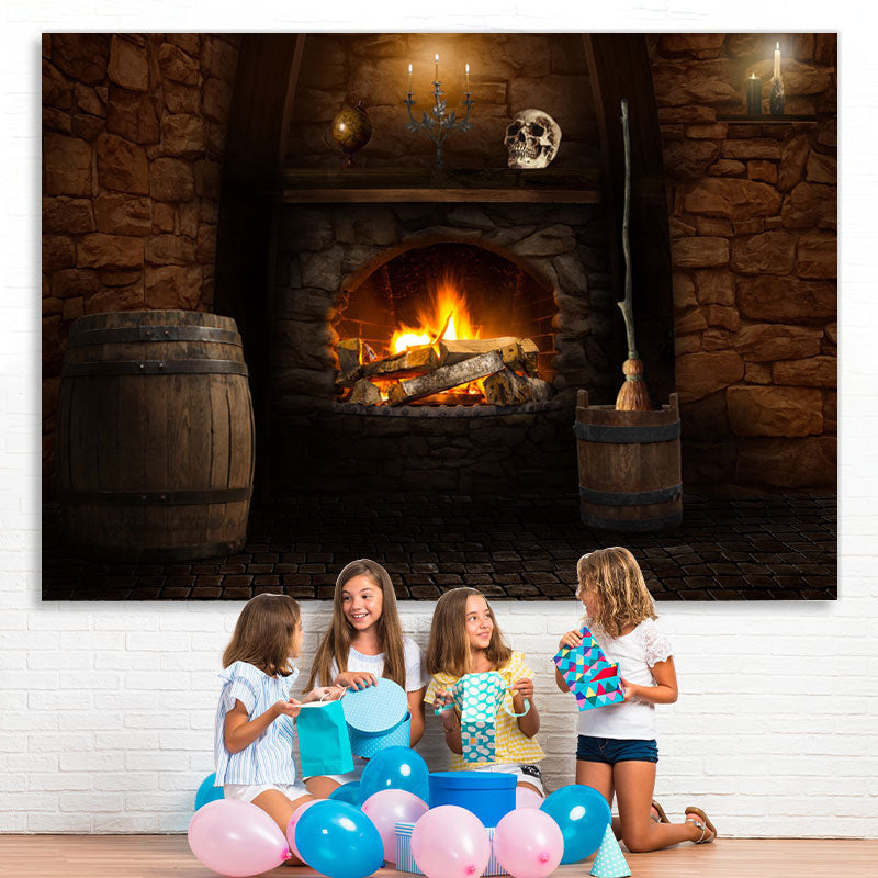Lofaris Fireplace and the Skull Scary Halloween Party Backdrop