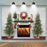 Lofaris Fireplace Snow Socks Christmas Tree Lights White Wall Backdrop