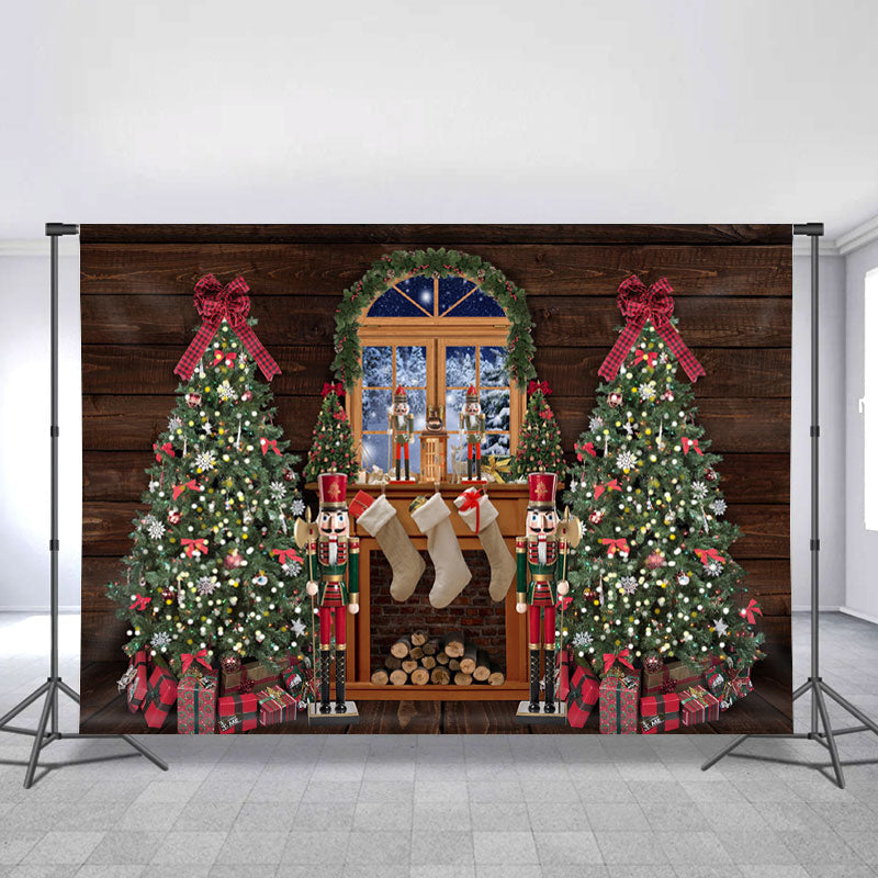 Lofaris Fireplace Stocking Window Wooden Christmas Tree Backdrops