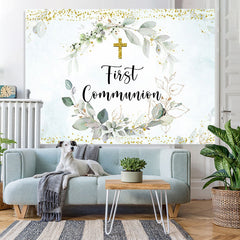 Lofaris First Commumion Light Green Plant Gold Bokeh Backdrop