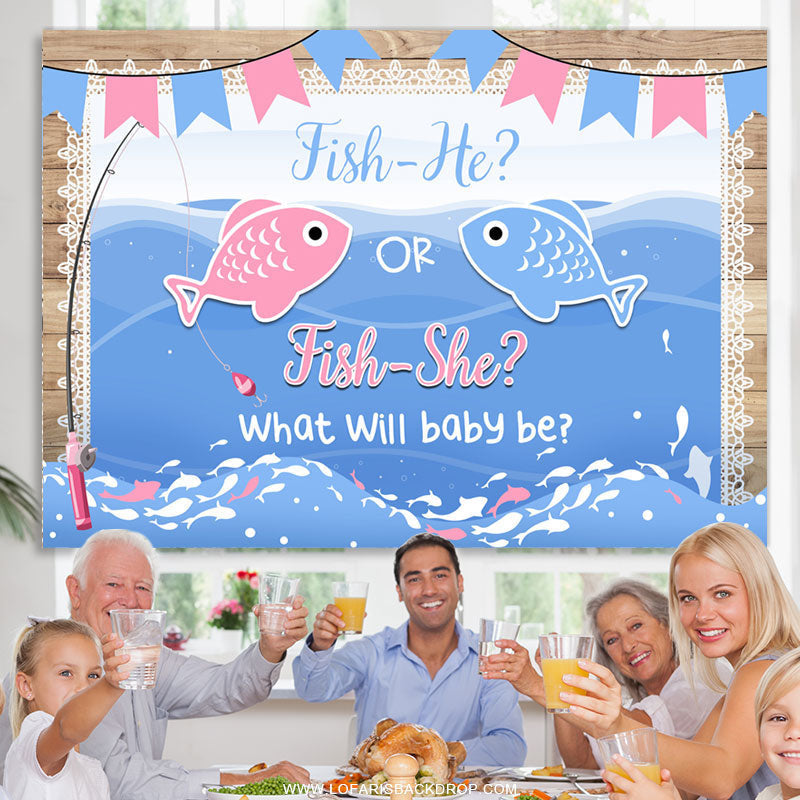 Lofaris Fish He Or She What Will Baby Be Theme Shower Backdrop