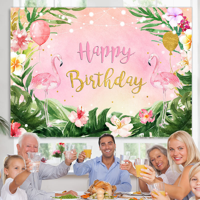 Lofaris Flamingos and Tropical Leaves Pink Birthday Backdrop