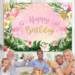 Lofaris Flamingos and Tropical Leaves Pink Birthday Backdrop