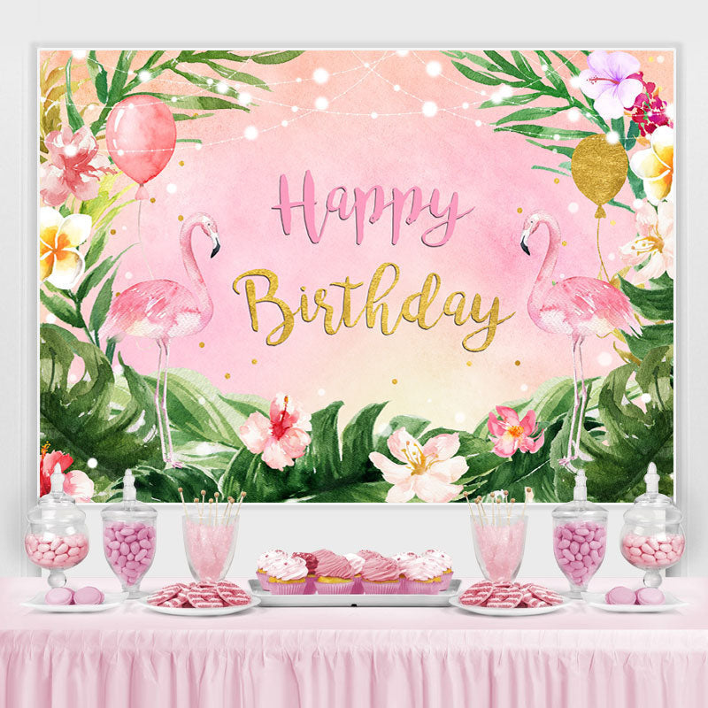 Lofaris Flamingos and Tropical Leaves Pink Birthday Backdrop