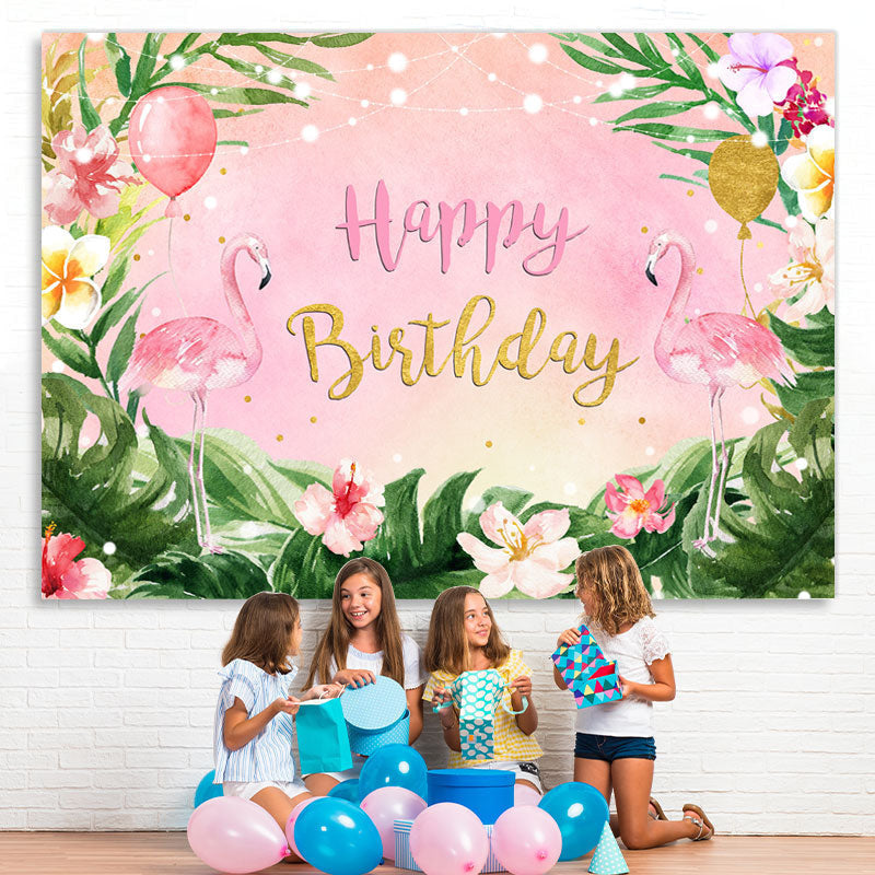 Lofaris Flamingos and Tropical Leaves Pink Birthday Backdrop