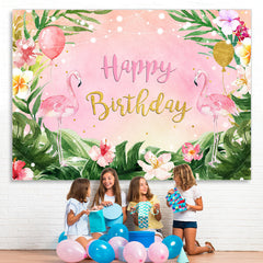 Lofaris Flamingos and Tropical Leaves Pink Birthday Backdrop