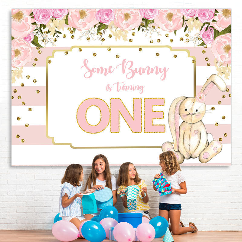 Lofaris Floral And Bunny Pink 1st Birthday Backdrop For Girl