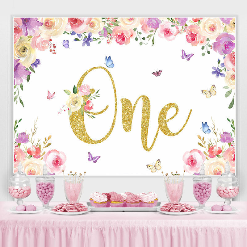 Lofaris Floral And Butterfly Glitter One Birthday Backdrop