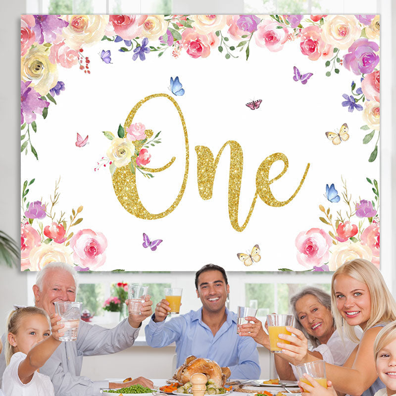 Lofaris Floral And Butterfly Glitter One Birthday Backdrop