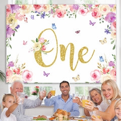 Lofaris Floral And Butterfly Glitter One Birthday Backdrop