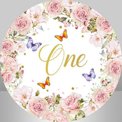 Lofaris Floral And Butterfly Round Happy 1St Birthday Backdrop