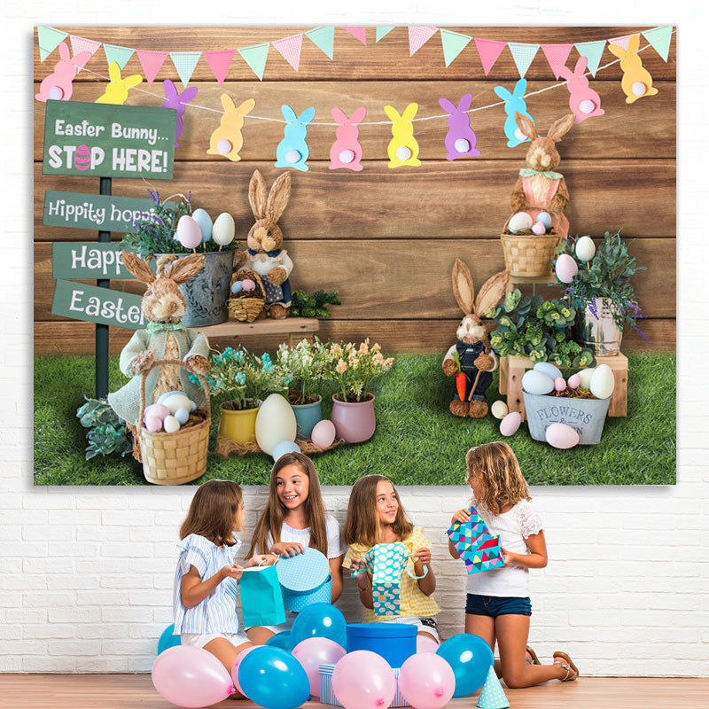 Lofaris Floral And Cute Rabbit Wooden Happy Easter Day Backdrop