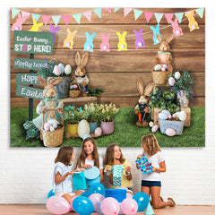 Lofaris Floral And Cute Rabbit Wooden Happy Easter Day Backdrop