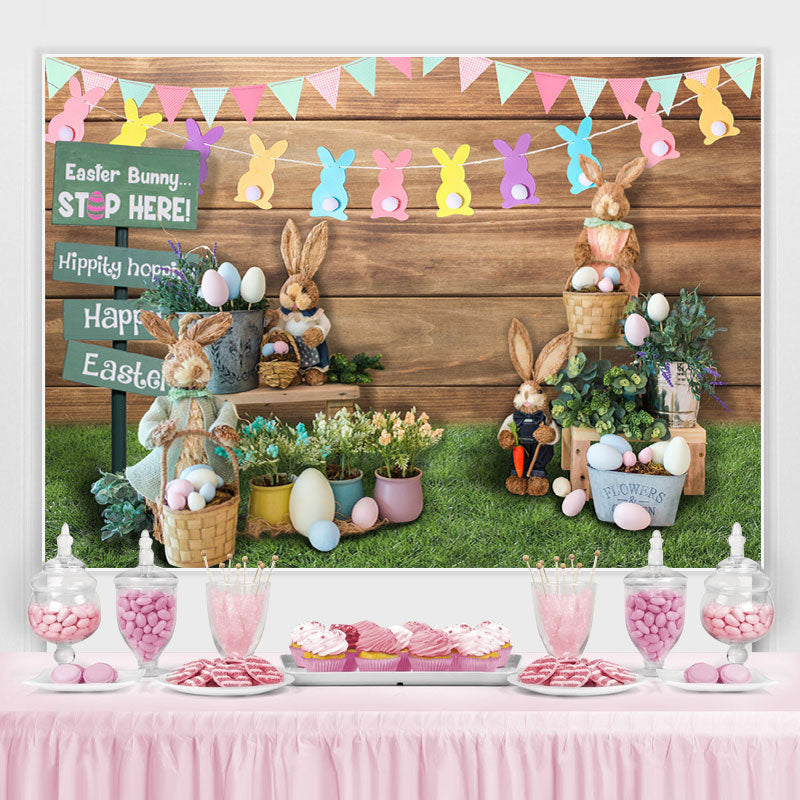 Lofaris Floral And Cute Rabbit Wooden Happy Easter Day Backdrop
