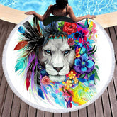 Lofaris Floral And Feather Lion Round Beach Towel With Fringe