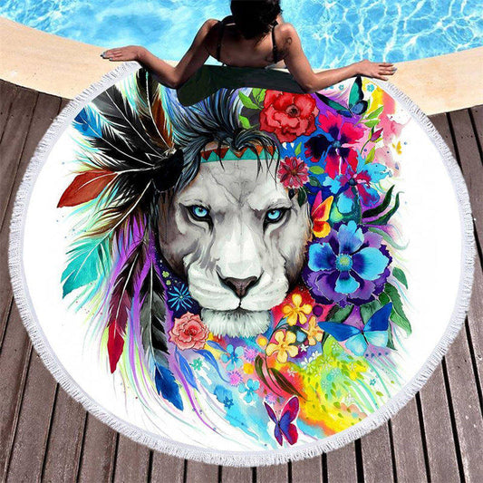 Lofaris Floral And Feather Lion Round Beach Towel With Fringe