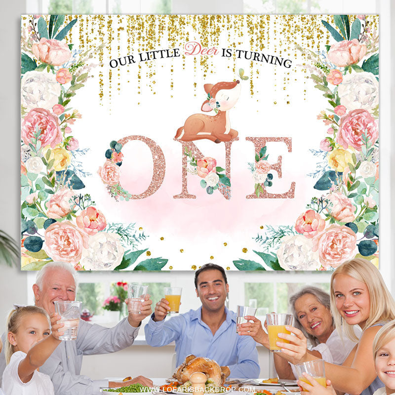 Lofaris Floral And Fox Gold Pink Glitter 1st Birthday Backdrop