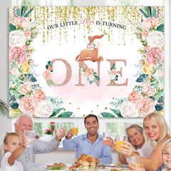 Lofaris Floral And Fox Gold Pink Glitter 1st Birthday Backdrop