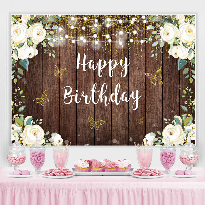 Lofaris Floral And Glitter Butterfly Happy Birthday Backdrop