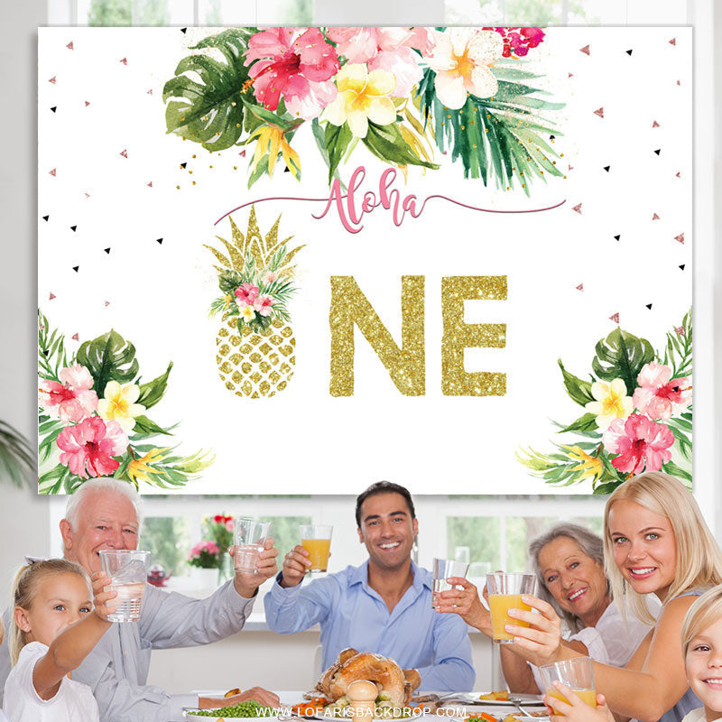 Lofaris Floral And Glitter Hawaii Happy 1St Birthday Backdrop