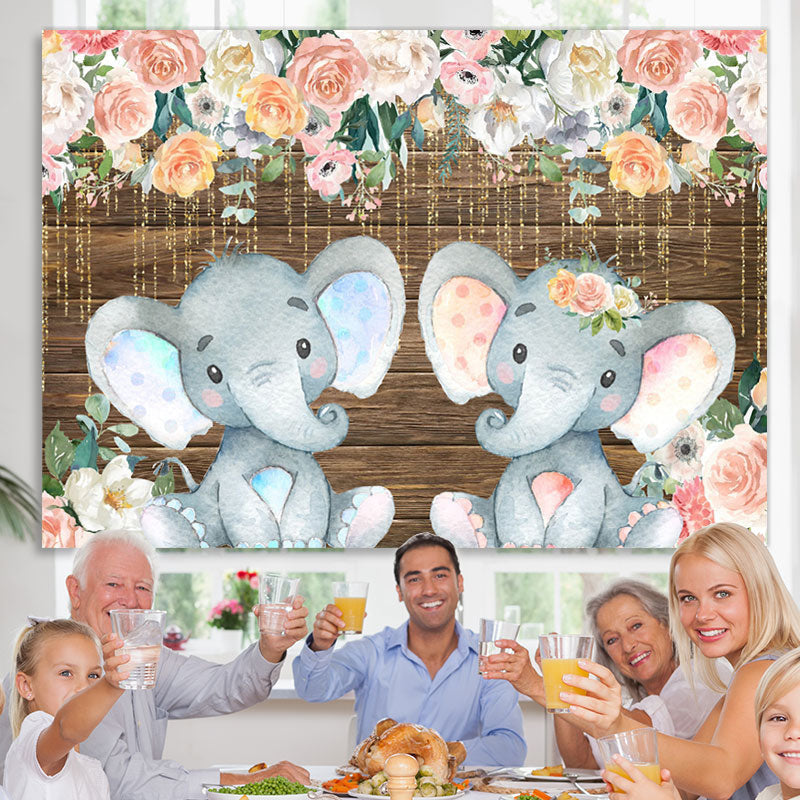 Lofaris Floral And Glitter Lines Elephant Baby Shower Backdrop