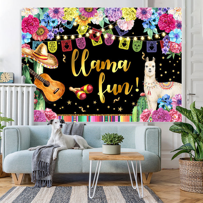 Lofaris Floral And Glitter Llama Fun Happy Birthday Backdrop
