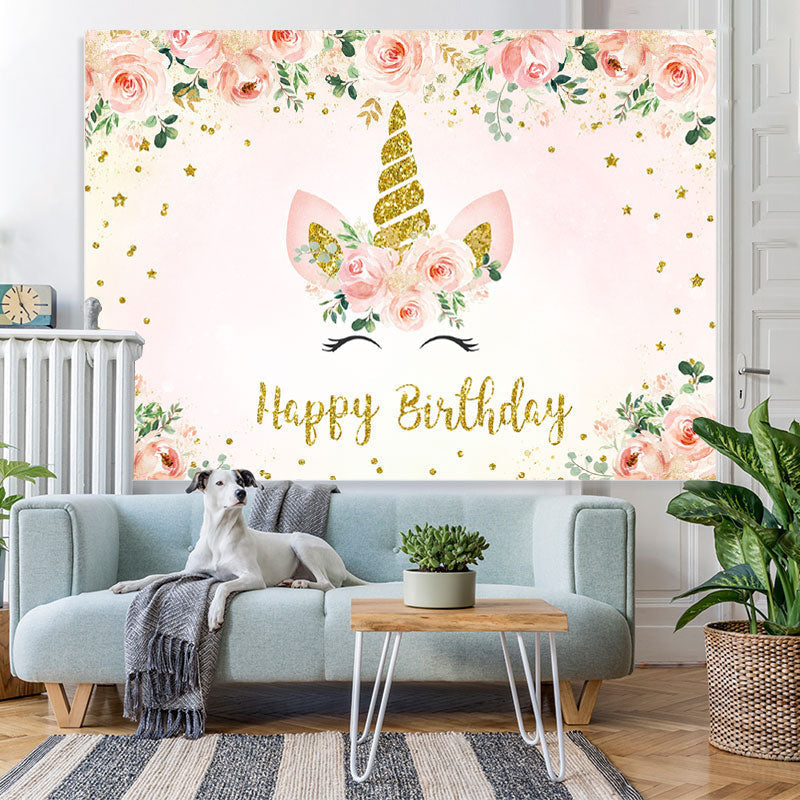 Lofaris Floral And Glitter Unicorn Happy Birthday Backdrop