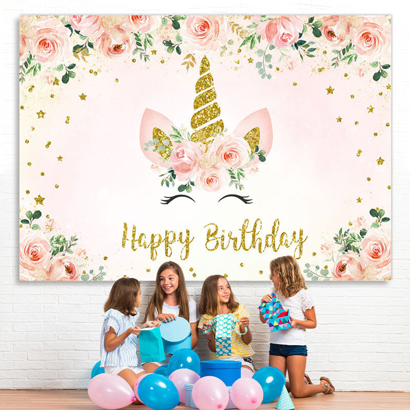 Lofaris Floral And Glitter Unicorn Happy Birthday Backdrop
