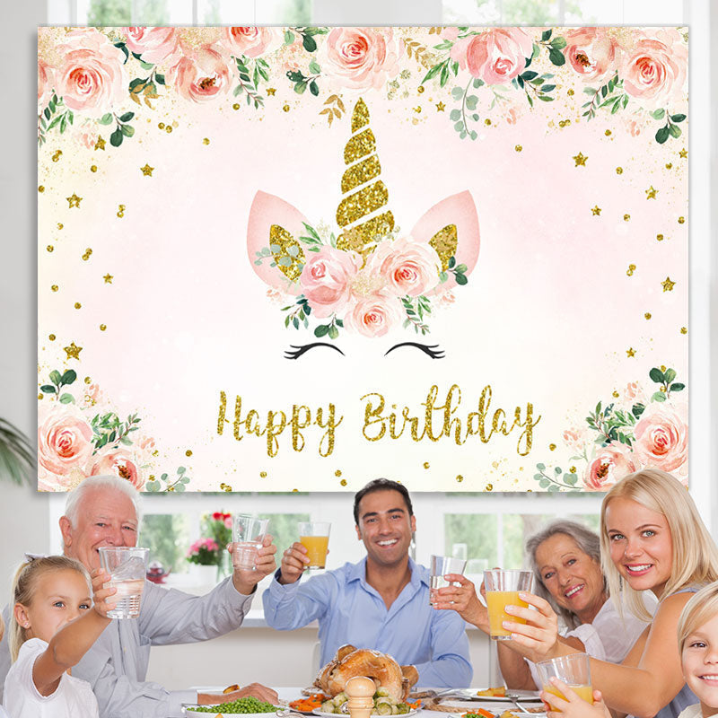 Lofaris Floral And Glitter Unicorn Happy Birthday Backdrop