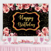 Lofaris Floral And Gloden-Black Dots Happy Birthday Backdrop