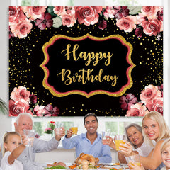 Lofaris Floral And Gloden-Black Dots Happy Birthday Backdrop