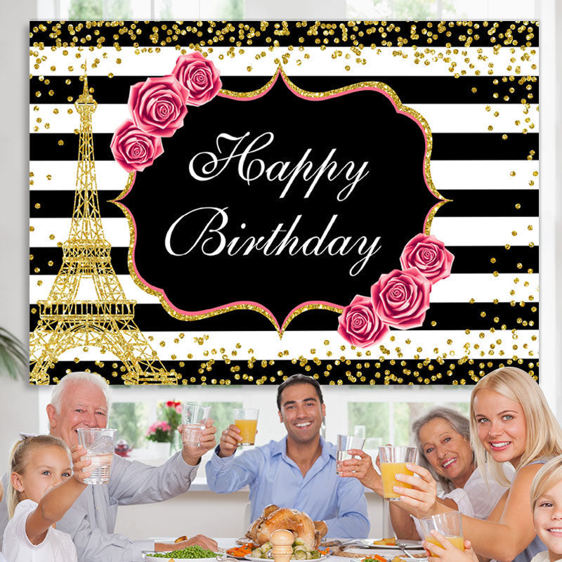 Lofaris Floral And Gold Eiffel Tower Glitter Birthday backdrop