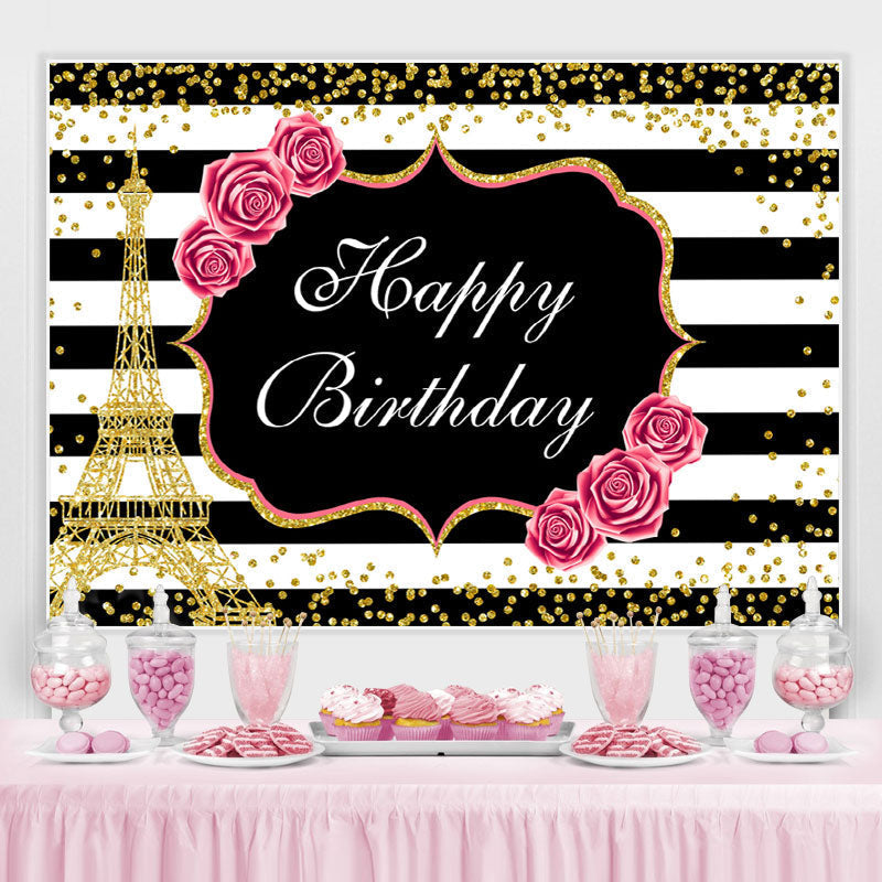 Lofaris Floral And Gold Eiffel Tower Glitter Birthday backdrop