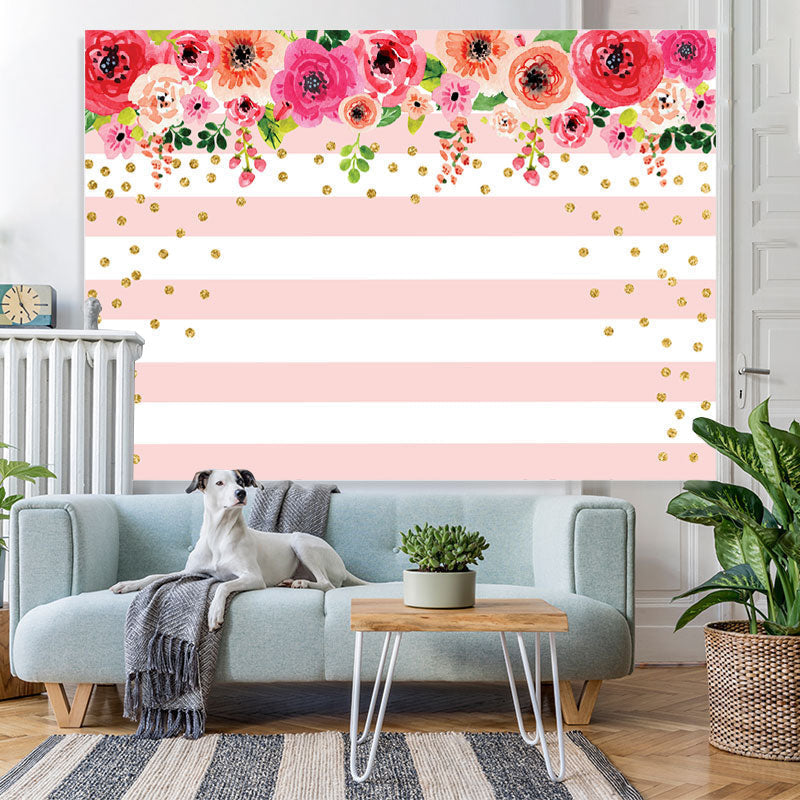 Lofaris Floral and Golden Dots Pink White Stripes Backdrop