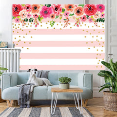Lofaris Floral and Golden Dots Pink White Stripes Backdrop