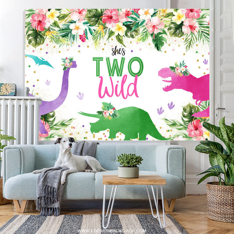 Lofaris Floral And Green Leaves Shes 2nd Wild Birthday Backdrop