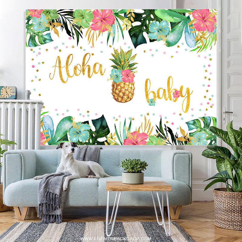 Lofaris Floral And Leaves Glitter Aloha Baby Shower Backdrop