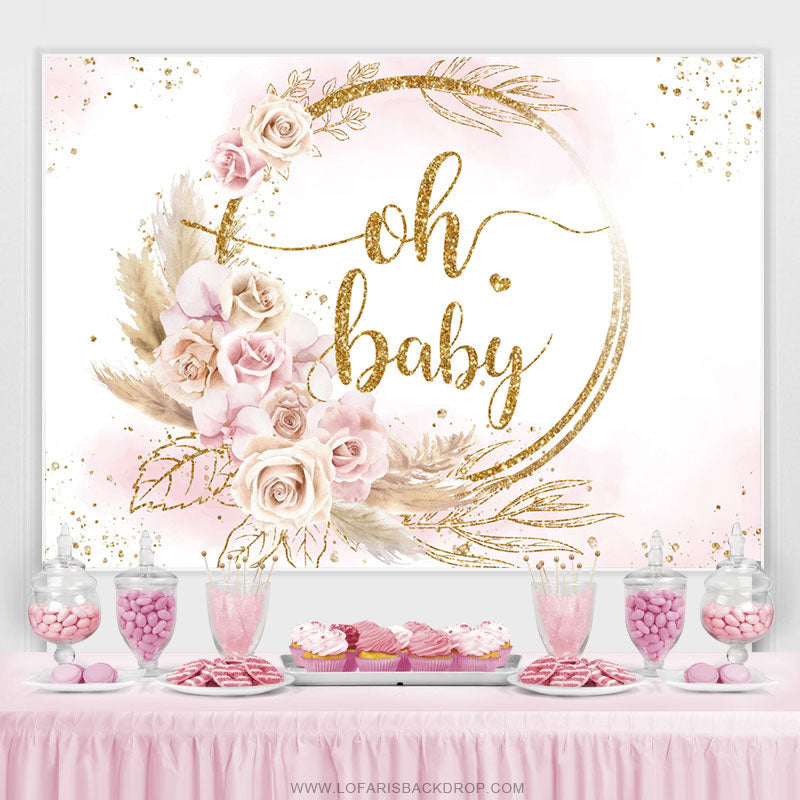 Lofaris Floral And Leaves Golden Theme Baby Shower Backdrop