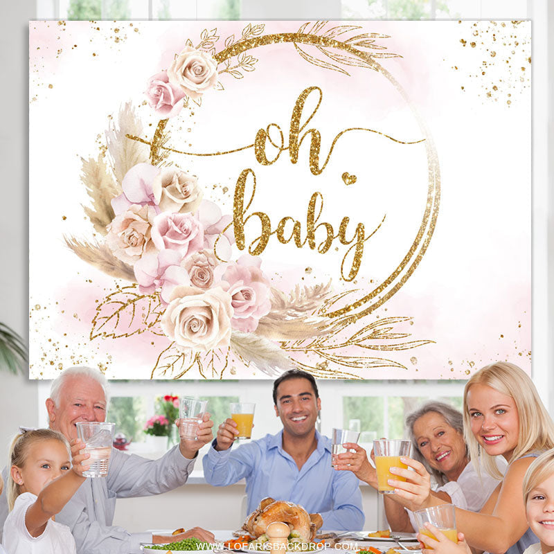 Lofaris Floral And Leaves Golden Theme Baby Shower Backdrop