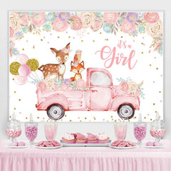 Lofaris Floral And Pink Truck With Deer Baby Shower Backdrop