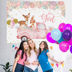 Lofaris Floral And Pink Truck With Deer Baby Shower Backdrop