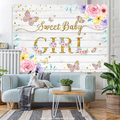 Lofaris Floral And Purple Glitter Butterfly Baby Shower Backdrop