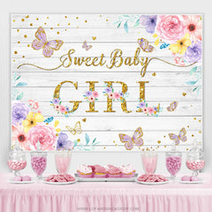 Lofaris Floral And Purple Glitter Butterfly Baby Shower Backdrop