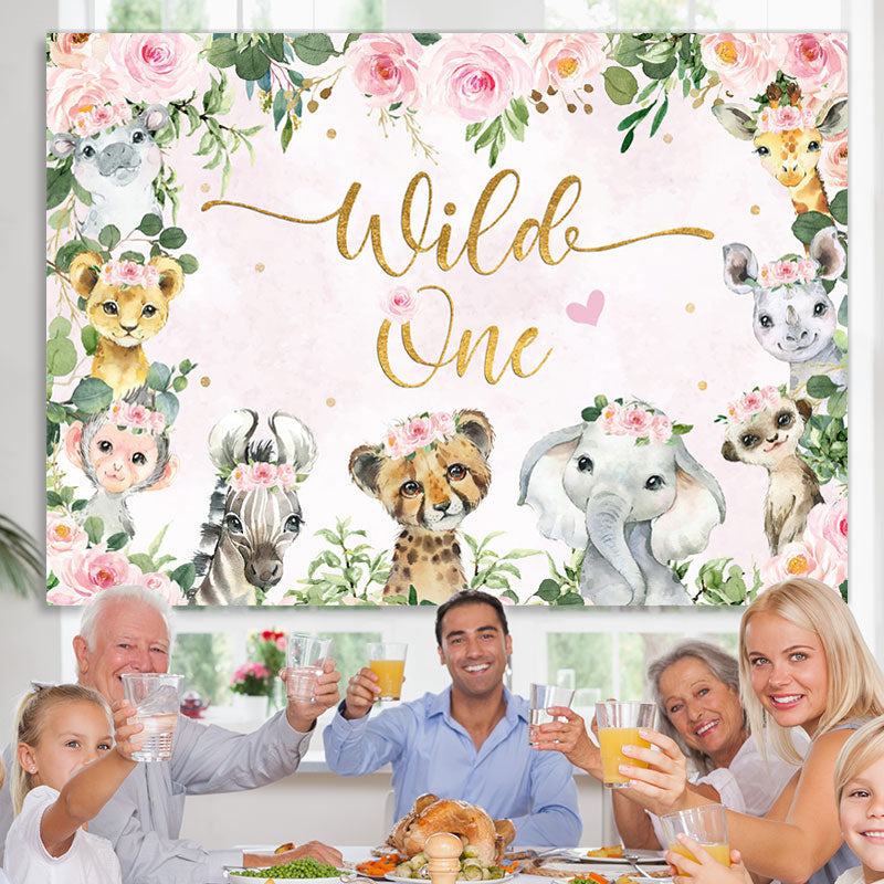 Lofaris Floral Animals Wild One Pink Happy Birthday Backdrop
