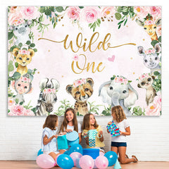 Lofaris Floral Animals Wild One Pink Happy Birthday Backdrop