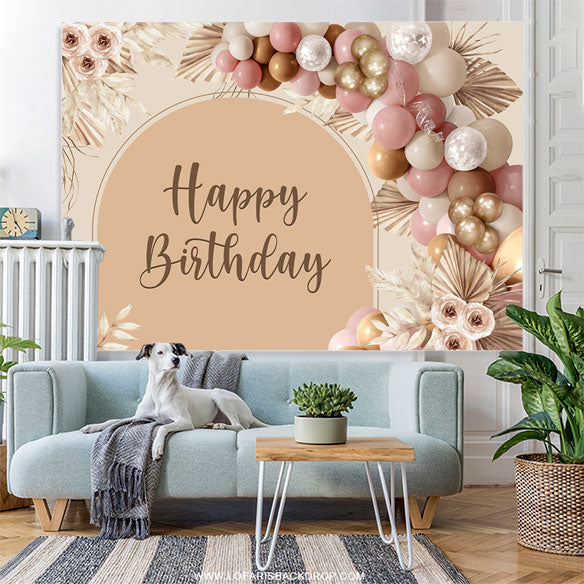Lofaris Floral Balloon Light Brown Boho Happy Birthday Backdrop